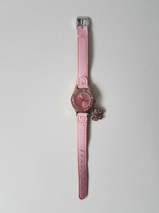 Zegarek dziecięcy skórzana różowa bransoleta różowe diamenciki kokarda