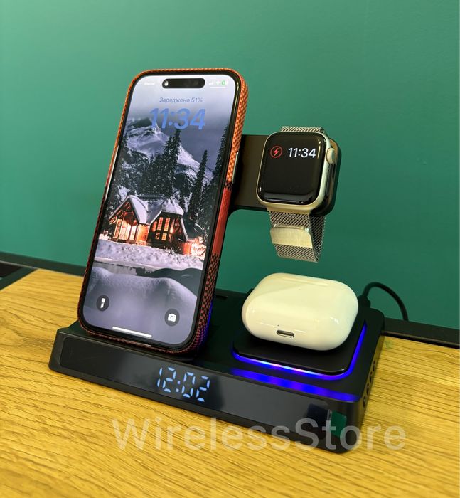 Бездротова зарядка Apple Watch iPhone Airpods Док станція Samsung 30w