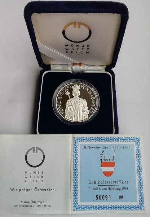 Австрія 100 шилінгів 1991р. Рудольф і Габсбург. СРІБЛО. ПРУФ. Сертифік
