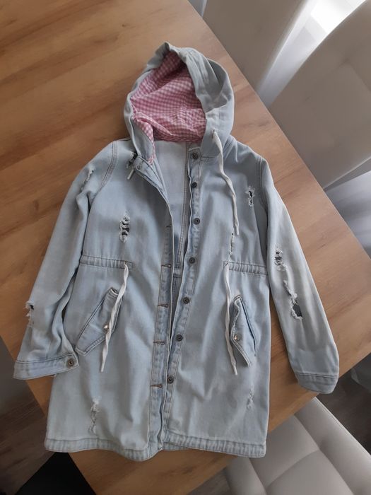 Damska kurtka płaszcz jeans przetarcia dziury rozmiar S/M