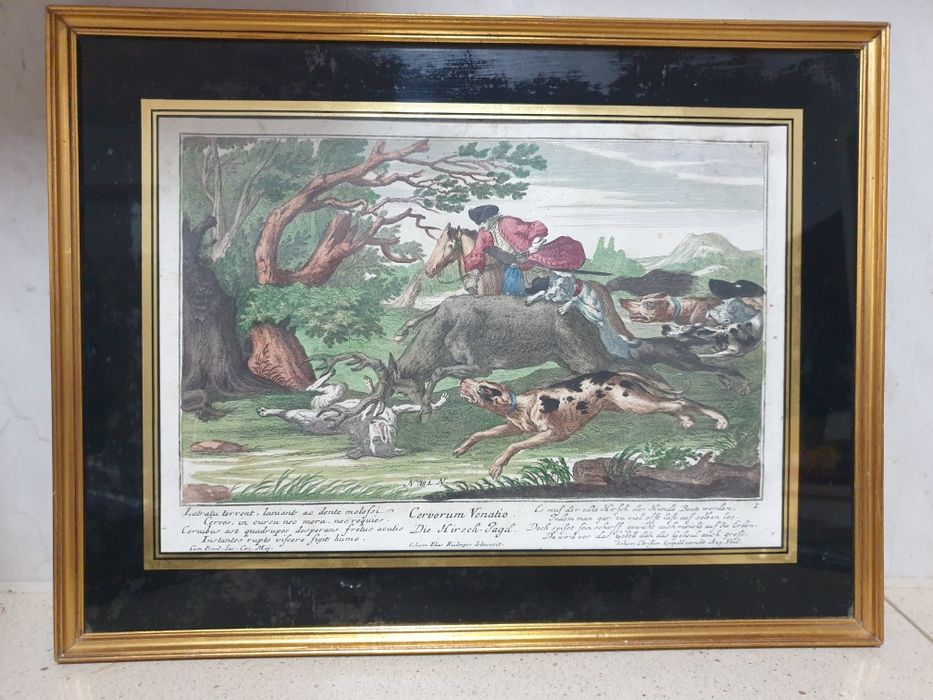 Antiga serigrafia com motivo de caça emoldurada