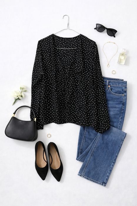 Czarna bluzka w groszki z falbaną S 36