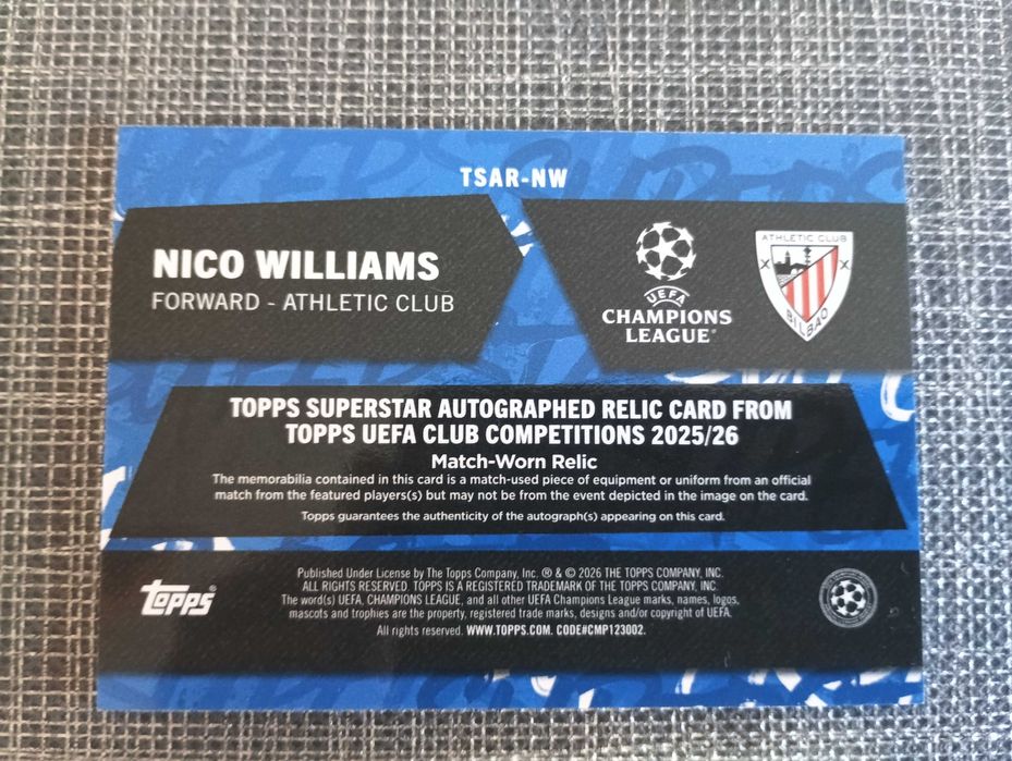 Nico Williams Auto-Relic /125 autograf z fragmentem koszulki
