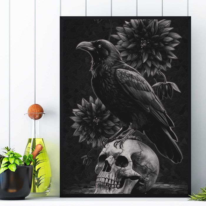 plakat obraz grafika ciemna strona świata czarny ptak kruk i czaszka