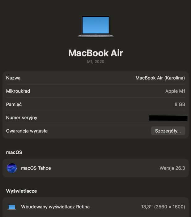MacBook Air M1 2020 8GB 256GB | 85% baterii | Space Gray | Sprawny