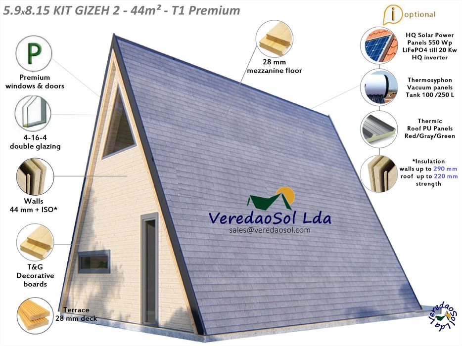 Casa Madeira GIZEH 2 - 44m² c. mezzanine - Préfab. - Preço imbatível