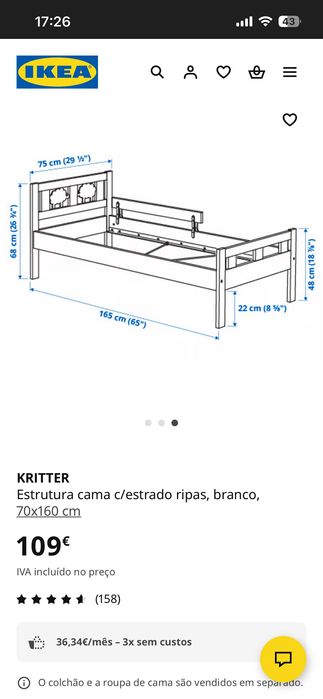 Cama criança Ikea Kritter +estrado + colchão + duas barras de proteção