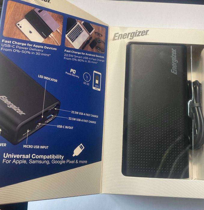 Зовнішній акумулятор повербанк Energizer UE20012PQ 20000mAh LiPol PD3