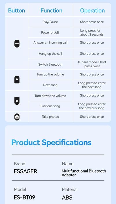 Bluetooth 5.3 приёмник,  адаптер aux, аудио блютуз, воспроизведение TF