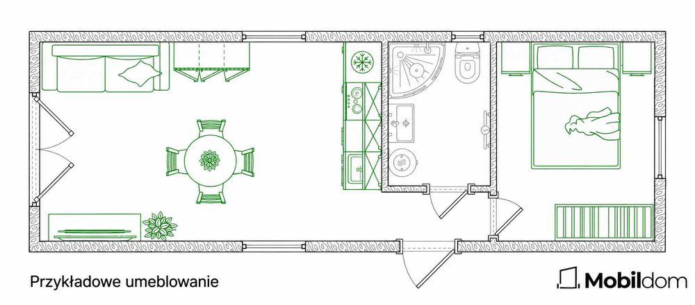 Nowy całoroczny domek mobilny 35 m² | 3,5 × 10 m | 1 sypialnia |