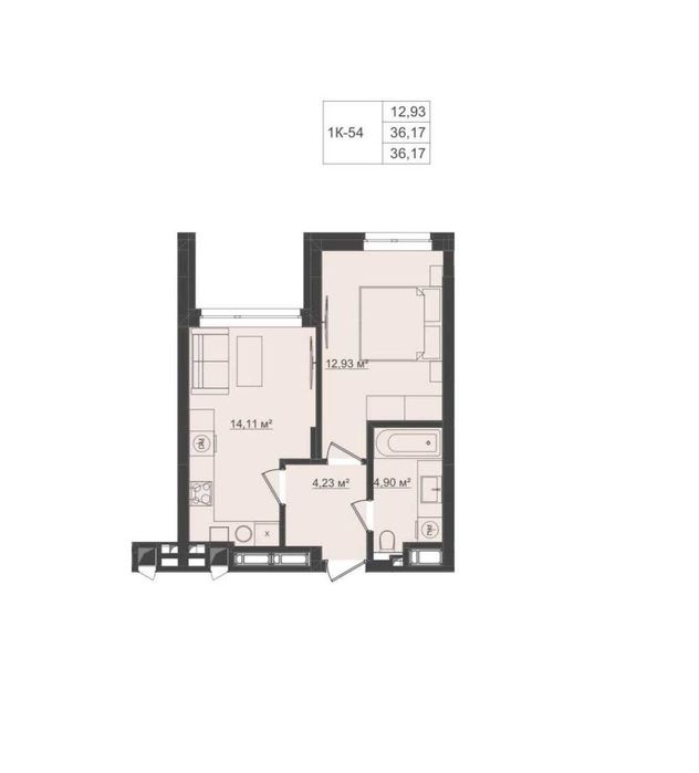 1-кімнатна квартира 36,17 м² у ЖК «Стрийський Бульвар», 2 поверх