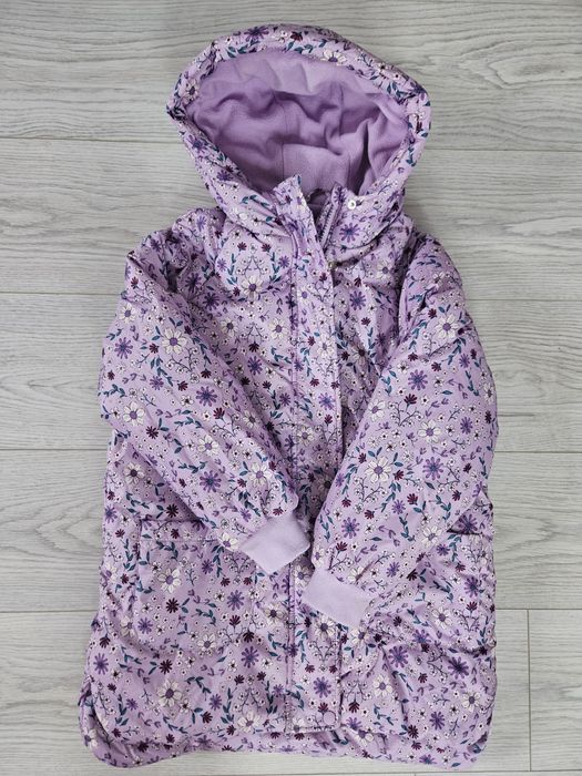 Płaszcz + czapka Pusheen r. 134 zimowy fioletowy w kwiaty