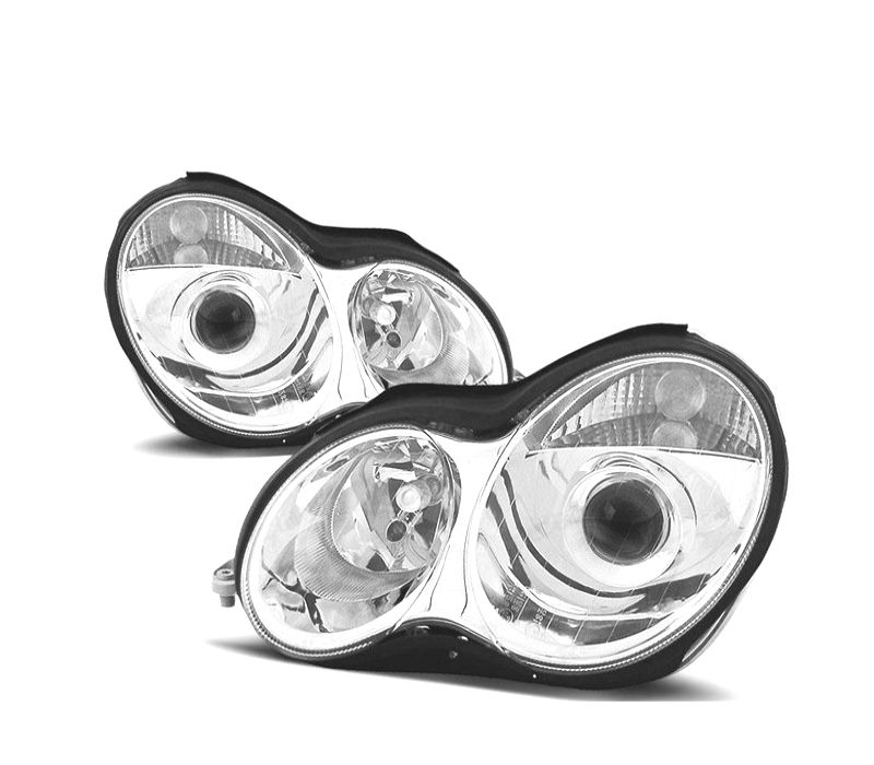 FARÓIS OPTICAS COM PROJECTOR MERCEDES CLASE C W203 00-04 FUNDO CROMADO