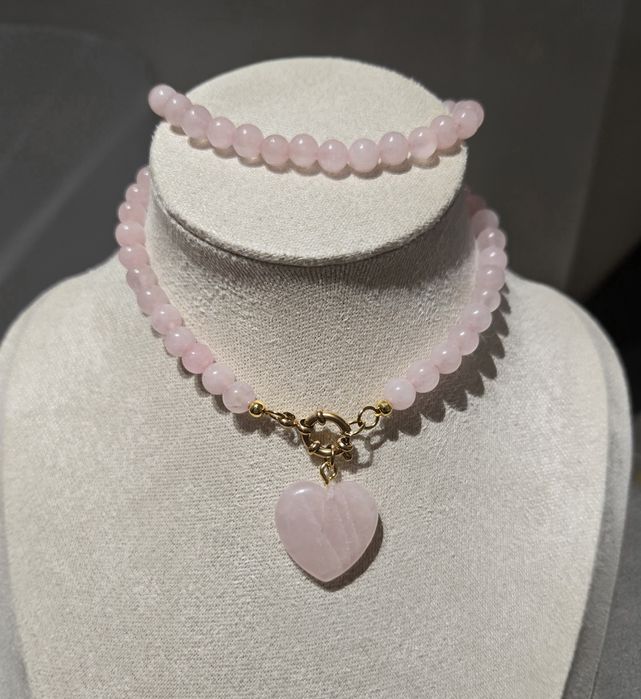 Naszyjnik kamienie naturalne kwarc różowy walentynki serce