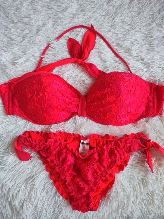 Strój kąpielowy dwuczęściowy bikini różowy czerwony malinowy