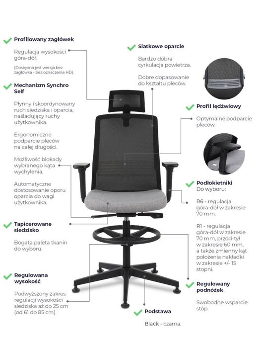 Fotel biurowy Coco BS HD RB Black R1 Grospol wysoki