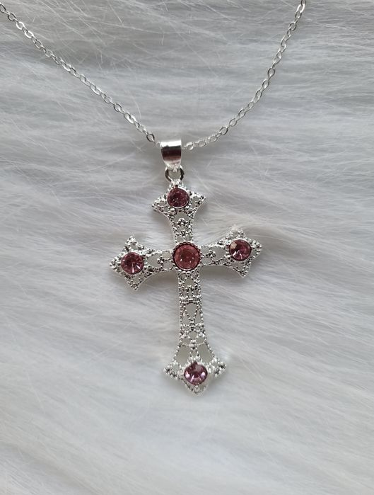 Nowy srebrny naszyjnik łańcuszek z przywieszka krzyż  coquette lolita