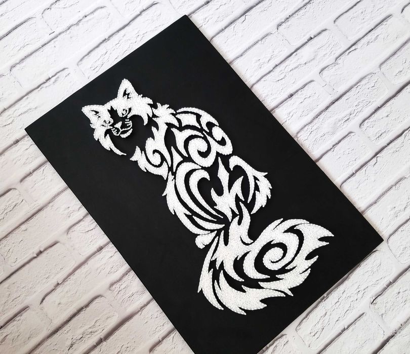 Картина Белый Кот, Стринг Арт кот, Декор в дом, Черно белое панно