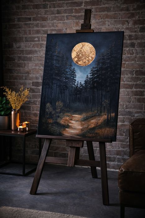 Obraz Loft Malowany na Płótnie 58x78cm Las Księżyc ze złotka