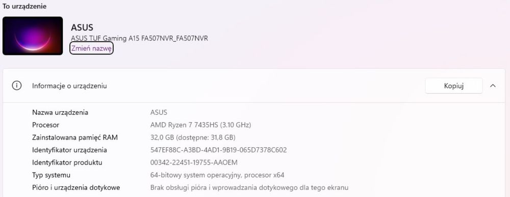 Asus TUF A15 32 GB RAM 1TB Ryzen 7 RTX 4060 Gwarancja