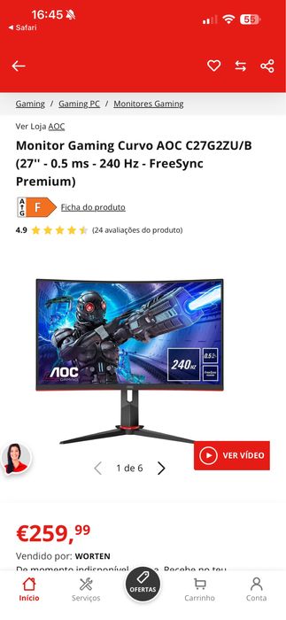 Vendo monitor AOC curvo 27” 240Hz