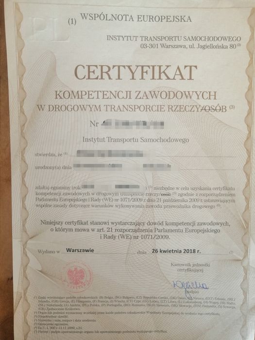 Certyfikat kompetencji zawodowej