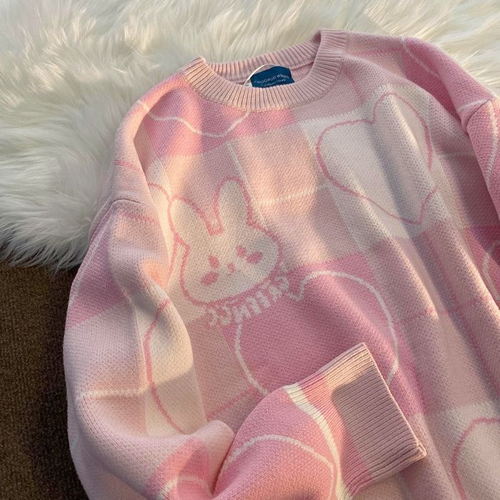 Damski Sweter Oversize w Serca z Motywem Królika Harajuku Kawaii - L