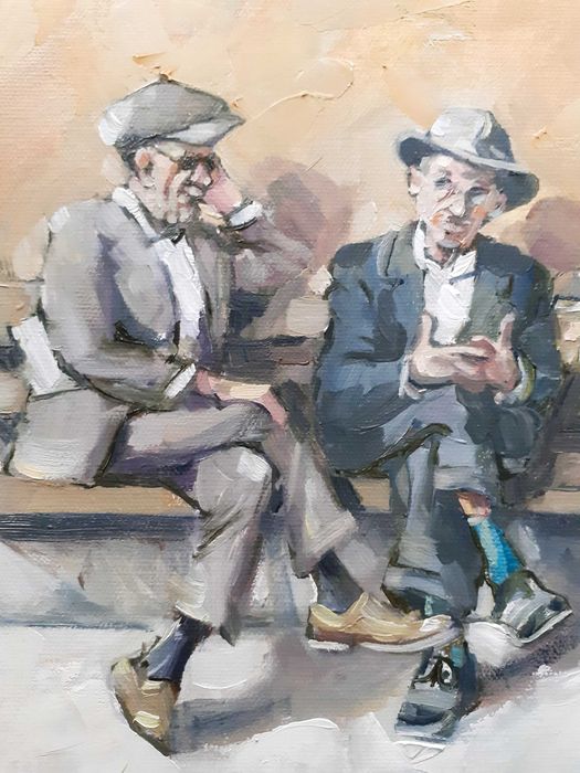 Na ławce. Obraz olejny na płótnie. 40 X 50 cm  G.Rodziewicz