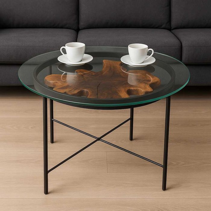 ŁAWA stolik kawowy z drewna dąb szkło loft koło OKAZJA