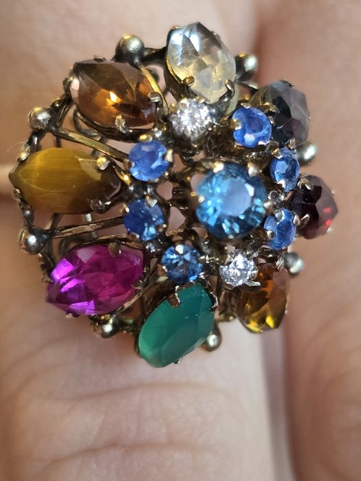 Złoty pierścionek antyk, szafiry, kopuła, złoto na prezent