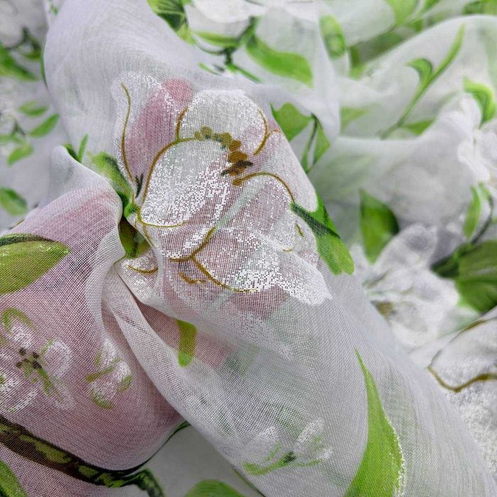 Готовий біло-зелений тюль Magnolia з квітами батист під льон на тасьмі 150–600 см (YH85-3)