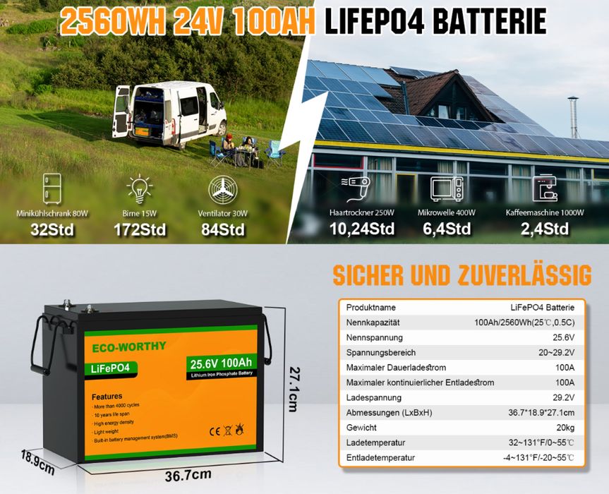Акумулятор ECO-WORTHY LiFePO4 24 V 1000 Ah (2560Wh) BMS 3000+ циклів