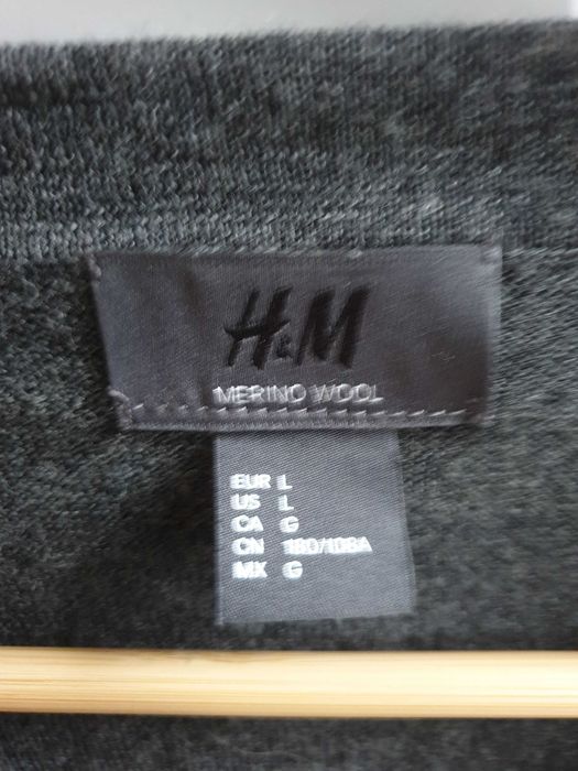 Szary wełnianiany sweter męski kardigan L 100% wełna merino H&M