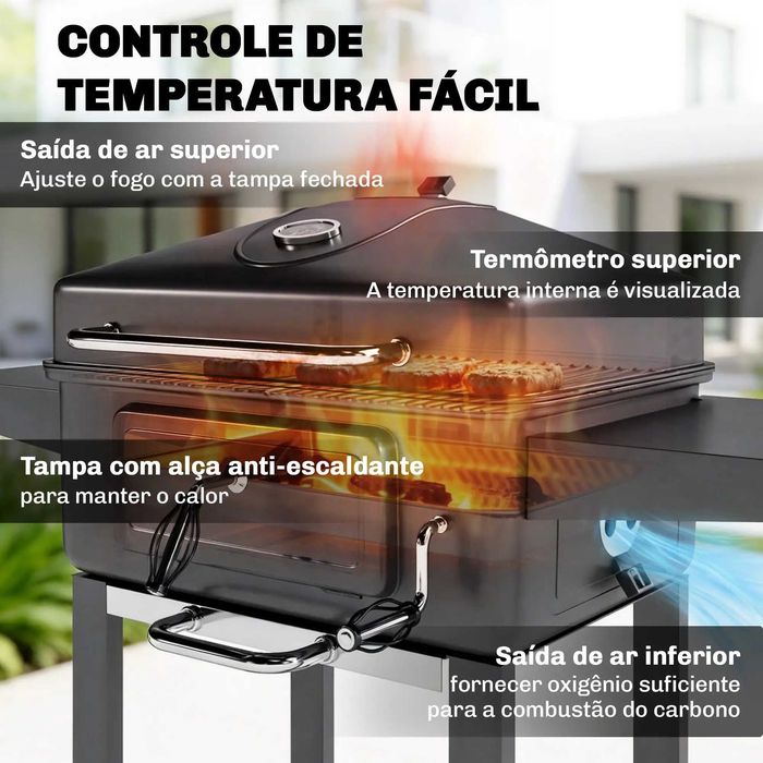 Grelhador de Carvão com Bandeja e Ventilação Ajustável
