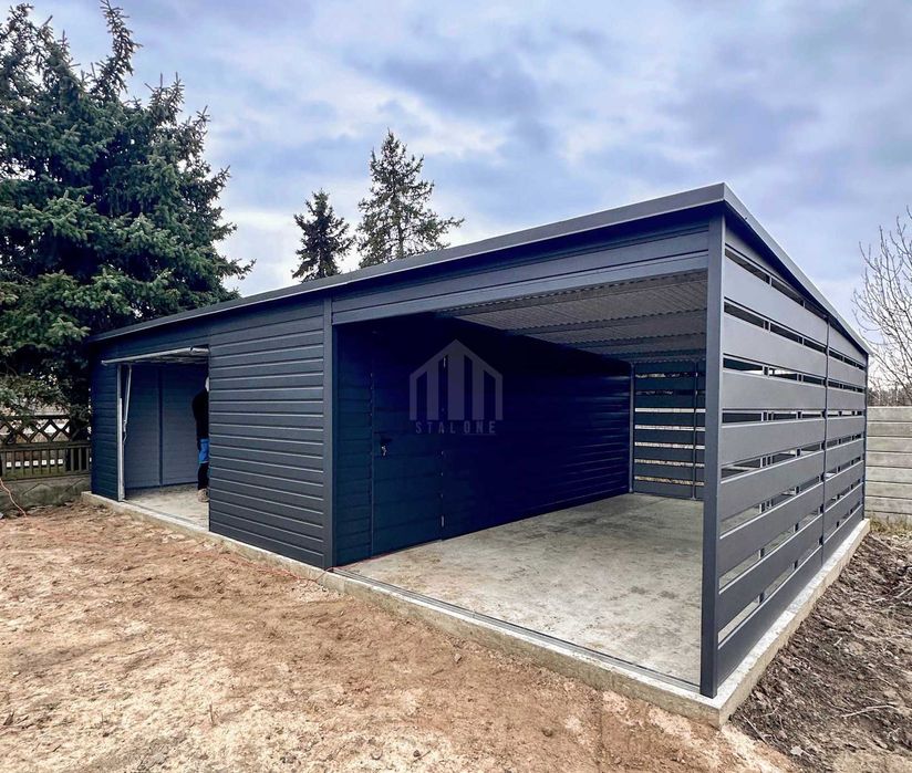 Garaż blaszany 6x6 + wiata brama uchylna drzwi dach spad w tył  SO186