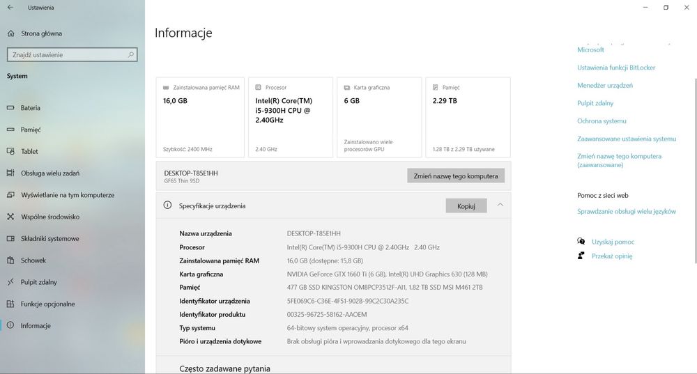 Laptop MSI GF65, GTX 1660ti 6gb, SDD 512gb