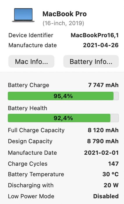 MacBook Pro 16’ 2019 8-Core i9 32GB 1TB SSD Radeon 5500 4Gb 92%
