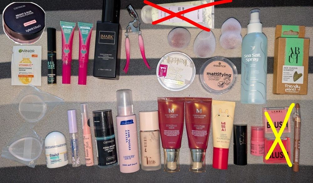 косметика glambee,missai,гуаша,eveline,patricia ledo,essence,кьорлер,спонжі,missha,neverti,catrice,etiaxil,about face,soika,garnier,