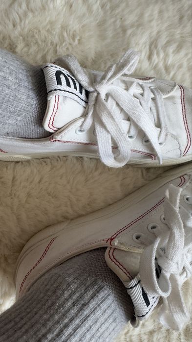 Miu Miu White Canvas Web Logo Red Stitch Lace Up Platform Sneakers