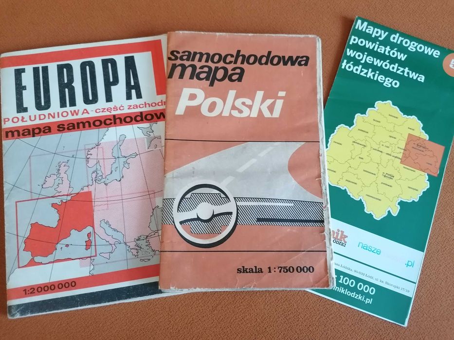 Mapa samochodowa Europa Południowa, Polski 1987r.Drogowa łódzkiego.