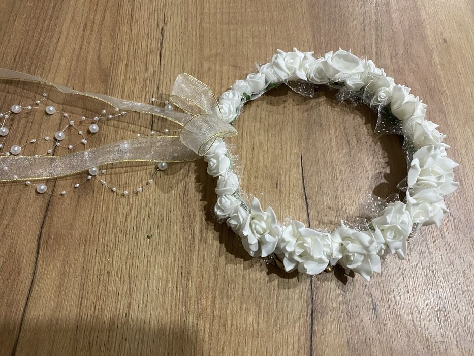 Nowy Wianek wianuszek komunijny biało zloty regulowany handmade