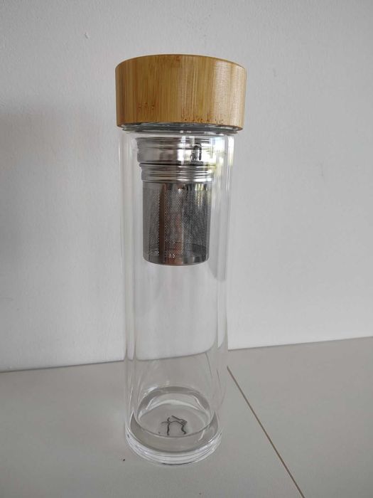 Wyprzedaż magazynowa, butelka szklana podwójne ścianki, z zaparzaczem, 420 ml