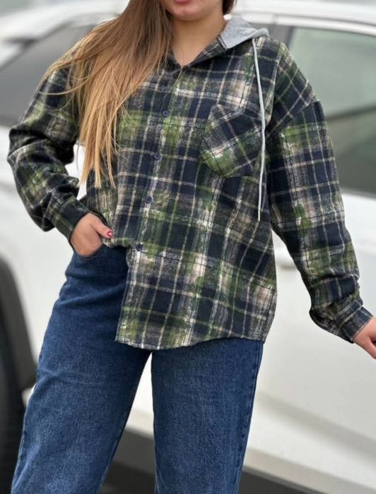 до 50р. Оверсайз Байкова Сорочка у клітинку, жіноча з капюшоном