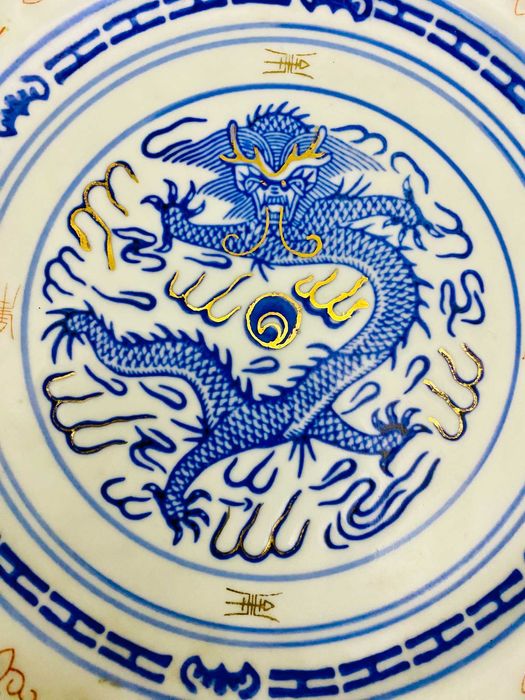 Lote 4 Peças Porcelana Chinesa Azul e Branco - Dragão & Paisagens