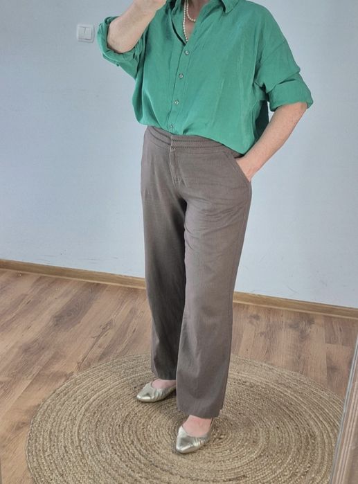 Brązowe spodnie z lnem i wiskozą eleganckie szerokie proste nogawki 16