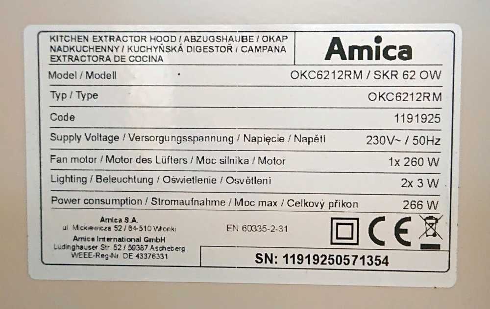 Okap Amica OKC 6212RM - używany zaledwie kilka godzin