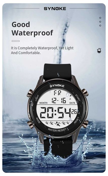 Synoke cyfrowy zegarek elektroniczny sportowy wodoszczelny WR50 stoper