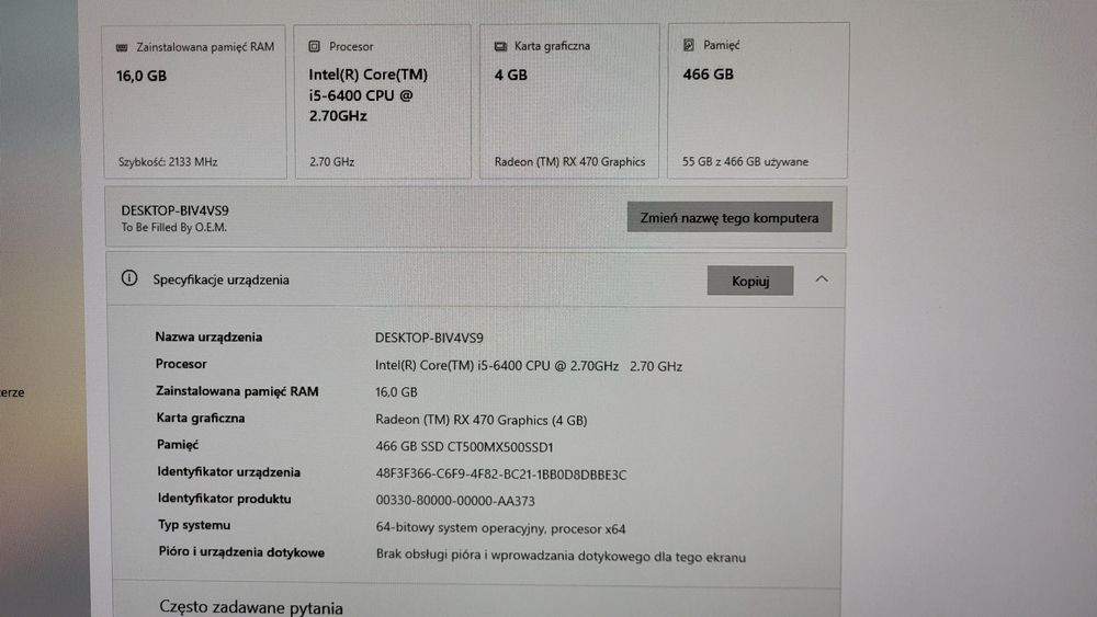 komputer gamingowy, i5-6400, RX 470 4GB, 16GB RAM, SSD 480GB, W10 PRO