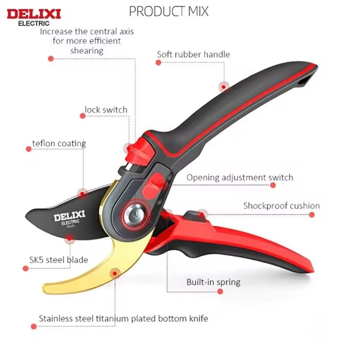 Садові ножиці секатор Delixi Electric зі сталевим лезом sk5,