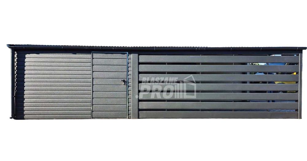 Schowek – domek ogrodowy 3×4 m + wiata 3×6 m antracyt – dach spad w bok – rynny GP751